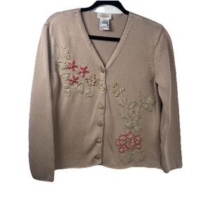 Talbot Vintage Beige Floral Embroidered beaded cardigan sweater women size M